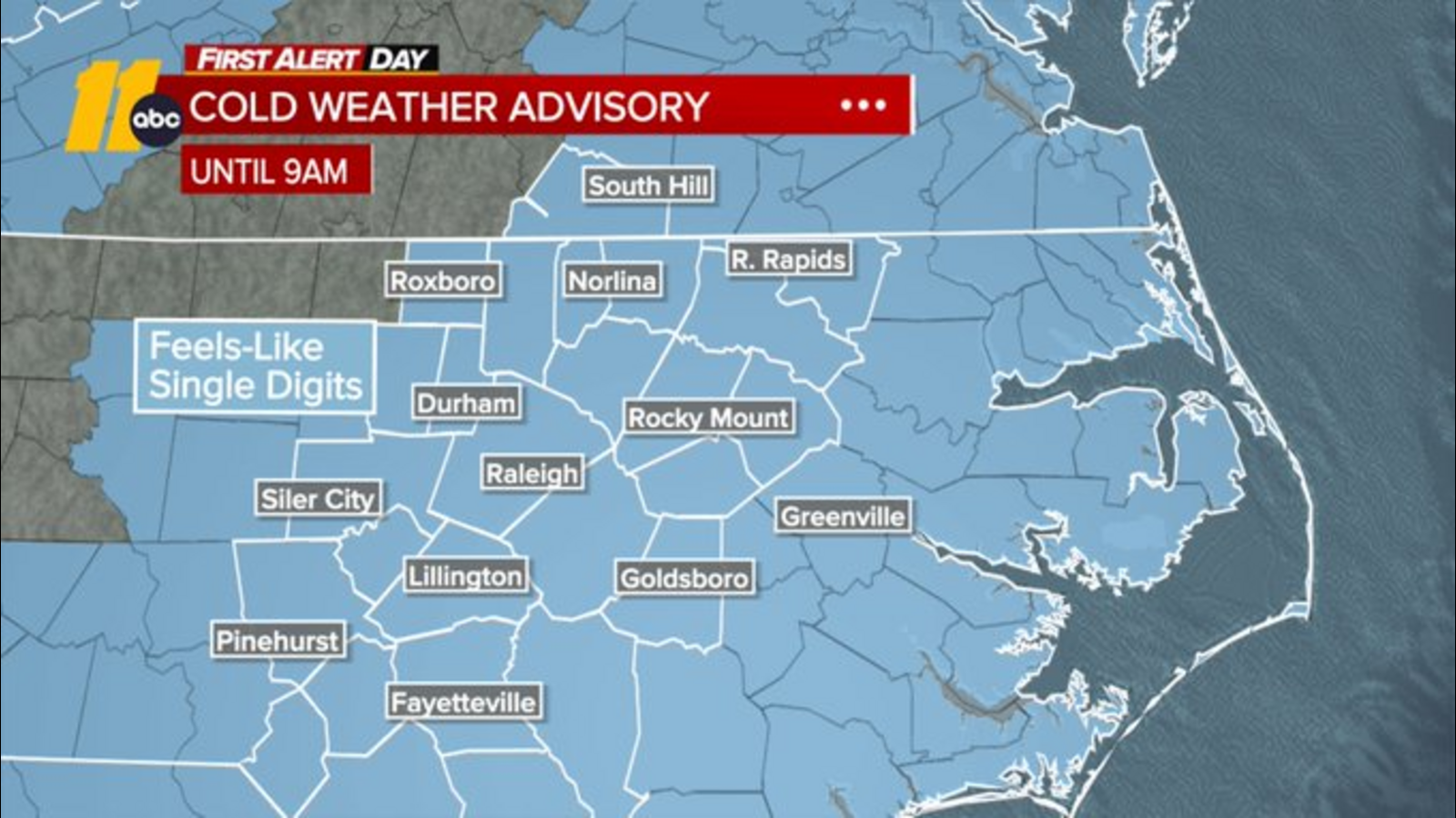  Cold Weather Advisory in effect for Central North Carolina; Arctic front brings cold, windy conditions Sunday and Monday