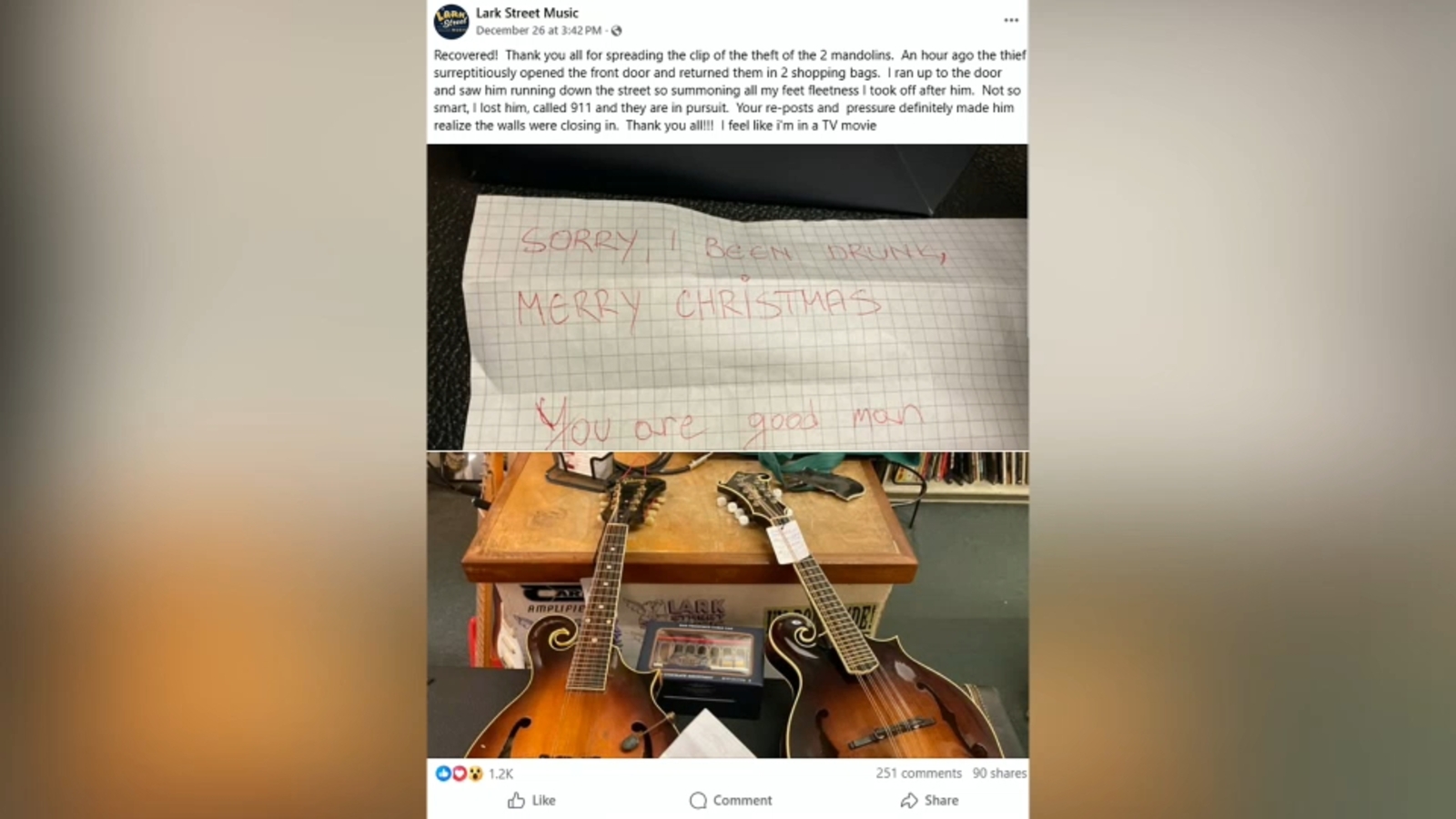  Man who stole mandolins from Teaneck, New Jersey store returns them with note saying ‘sorry I been drunk. Merry Christmas’