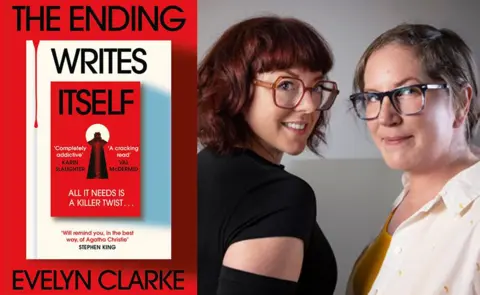 Harper Collins HQ/Jenna Maurice Red book cover with keyhole in the middle and a drip of blood down the front, alongside a picture of the authors, VE Schwab and Cat Clarke, both sporting glasses.