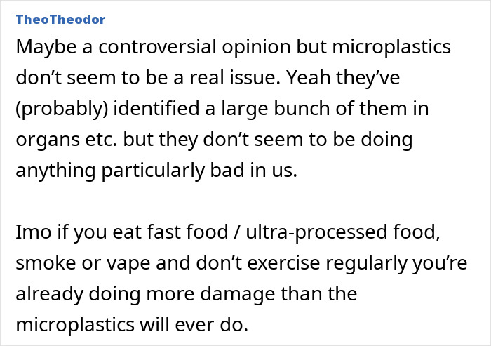 Screenshot of an online discussion about microplastics found in bone tissue questioning their health impact compared to lifestyle factors.