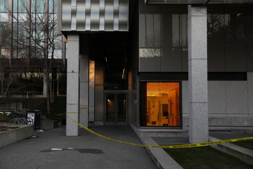 The Barus & Holley engineering building is seen closed off during the manhunt for the gunman on December 17.