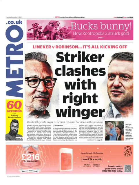"Striker clashes with right winger" reads the headline on the front page of Metro.