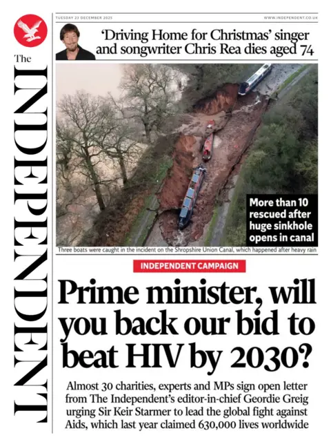 The headline on the front page of the Independent reads: "Prime minister, will you back our bid to beat HIV by 2030?"