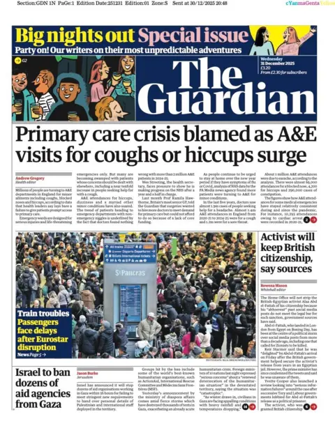 The headline on the front page of the Guardian reads: "Primary care crisis blamed as A&E visits for coughs or hiccups surge."