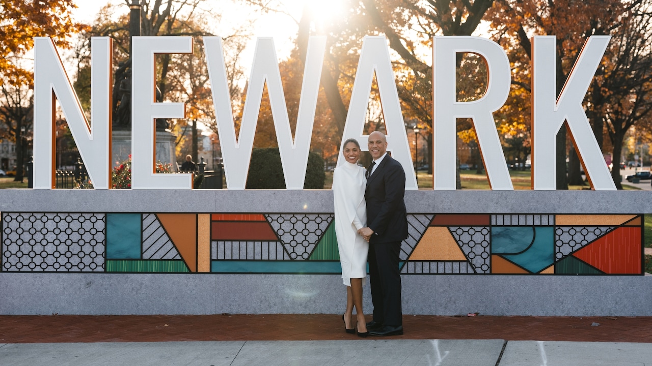 Sen. Cory Booker of New Jersey and Alexis Lewis celebrate their wedding in Newark, New Jersey on Monday, Nov. 24, 2025.