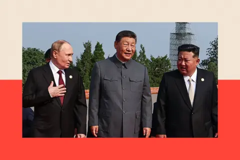 AFP via Getty Images, Sputnik, Pool  (L-R) Russia's President Vladimir Putin walks with China's President Xi Jinping and North Korea's leader Kim Jong Un 