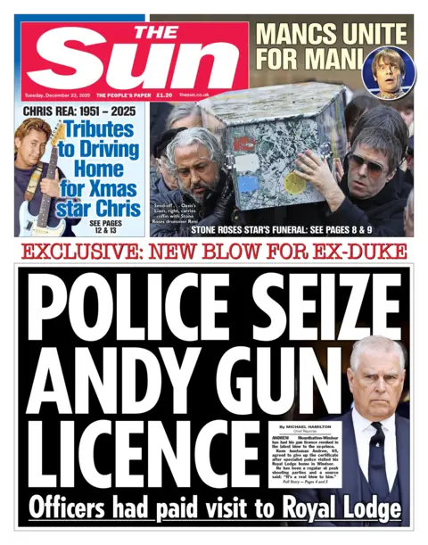 The headline on the front page of the Sun reads: "Police seize Andy gun licence."