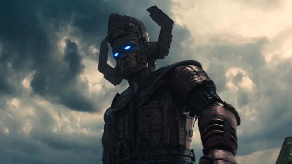 Galactus walking through New York after being hit by Thing.