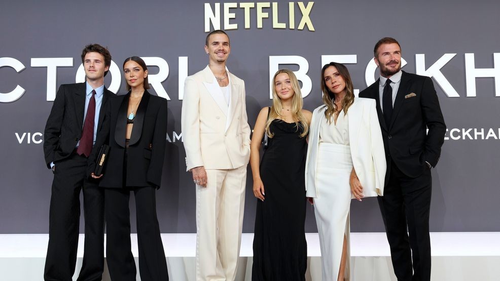 Cruz Beckham, Jackie Apostel, Romeo Beckham, Harper Beckham, Victoria Beckham and David Beckham attend the "Victoria Beckham" World Premiere at the Curzon Mayfair on October 08, 2025 in London, England. (Photo by Mike Marsland/WireImage)