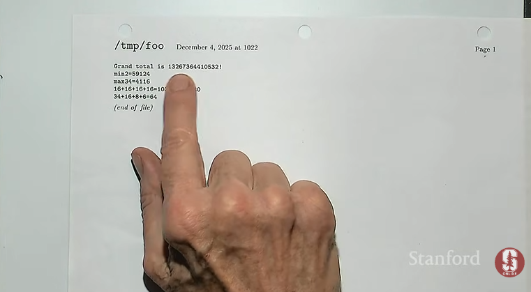 Donald Knuth — total number of Knight's Tour solutions — Screenshot from Christmas lecture 2025 (via Stanford Online YouTube channel)