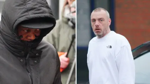 PA Media Norman Macksoni (left) and Dean Hamilton (right) seen as they arrive at Swindon Magistrates' Court. Mr Macksoni is hiding his face behind a hat. Mr Hamilton is wearing a white jumper.