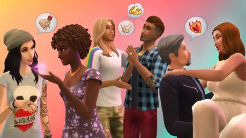 EA A montage of character interactions from The Sims. Two same-sex couples, one male, one female, can be seen chatting to each other. Speech bubbles show wedding rings and a hand holding a rose. To their right a male character scoops a female character up in his arms, a burning heart speech bubble emanating from his mouth.