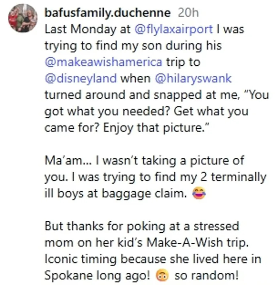 The mom of two terminally ill sons took to social media to detail the incident. Instagram/@bafusfamily.duchenne
