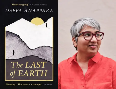OneWorld/Liz Seabrook The Last of Earth cover showing two figures on the mountains, alongside an image of the author, who has short grey hair, glasses and is wearing an orange blouse. 