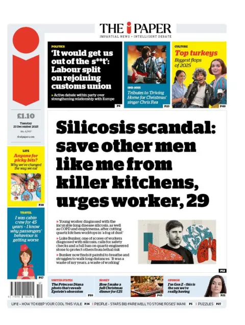 The headline on the front page of the i Paper reads: "Silicosis scandal: save other men like me from killer kitchens, urges worker, 29."