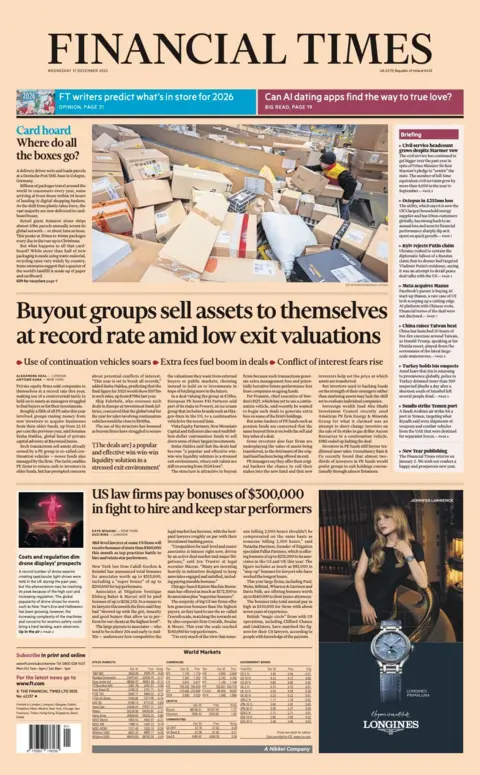The headline on the front page of the Financial Times reads: "Buyout groups sell assets to themselves at record rate amid low exit valuations."