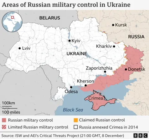 A map of areas of Russian military control in Ukraine
