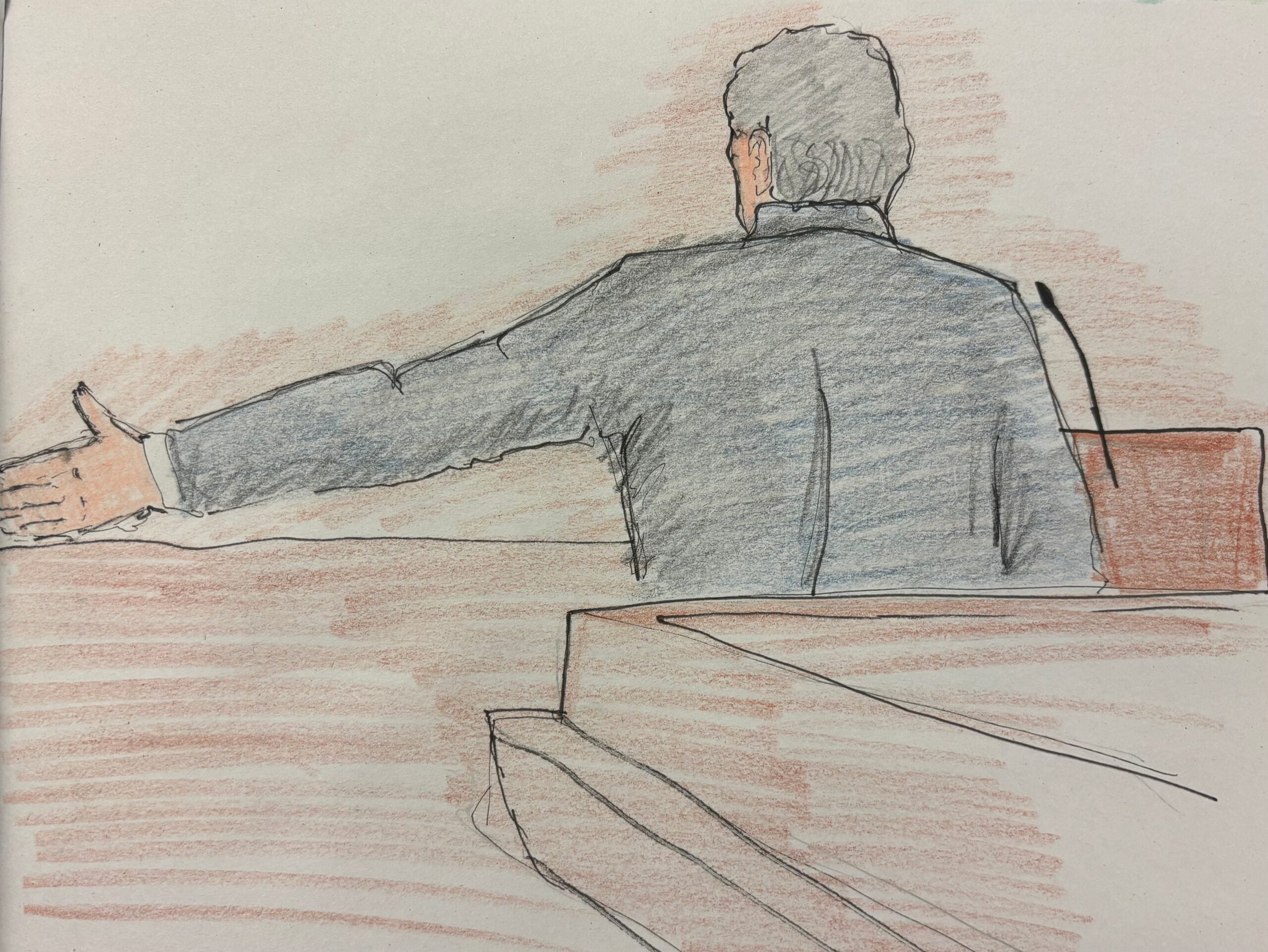 A courtroom sketch showing a person in a suit seated at a desk, gesturing with an outstretched arm.
