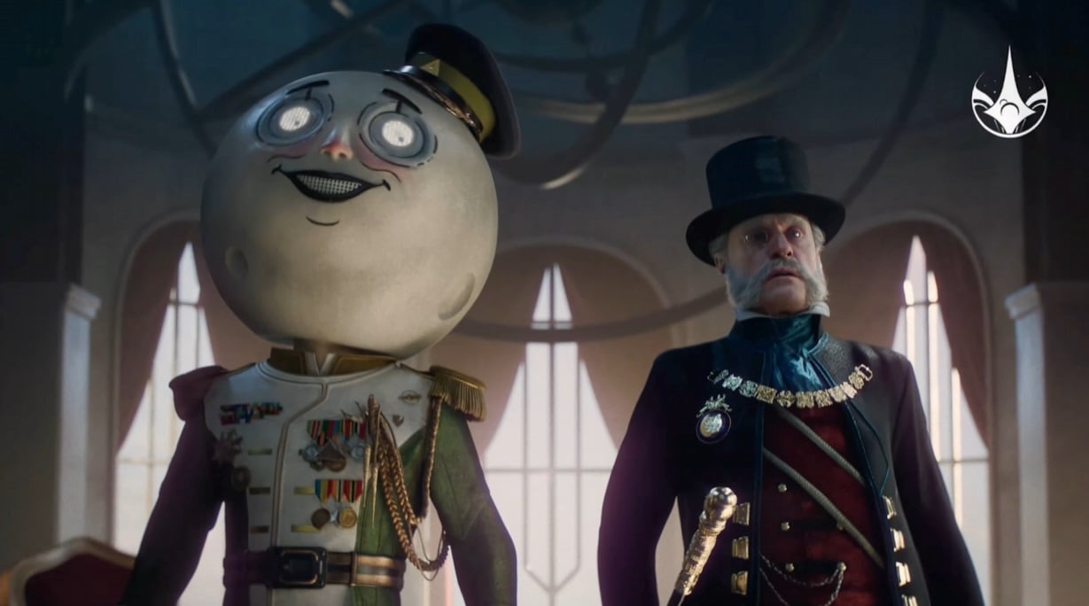 A moon head and business guy look shocked.