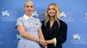 Mona Fastvold and Amanda Seyfried attend the photocall for 'The Testament of Ann Lee' at the 82nd International Venice Film Festival