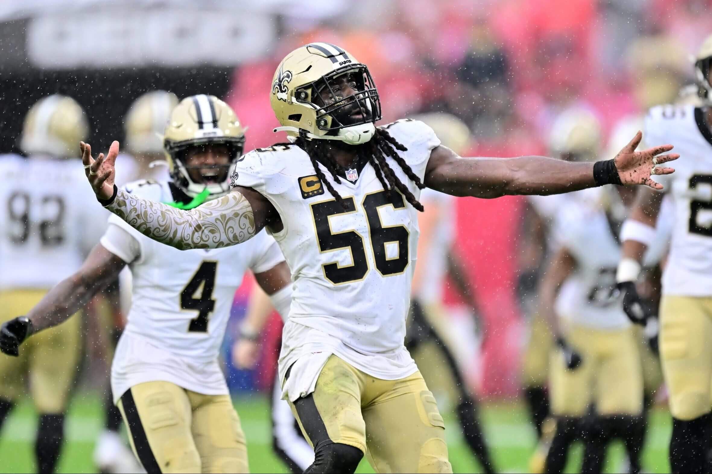 Demario Davis #56 of the New Orleans Saints celebrates after a play against the Tampa Bay Buccaneers during their game Sunday at Raymond James Stadium in Tampa.