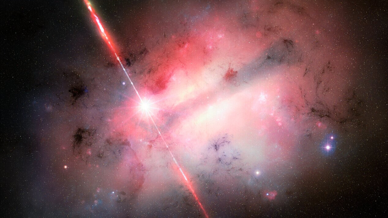 An artist's impression of GRB 250702B, a bright white orb with rays of light coming out among a white and pink cloud surrounded by the blackness of space.