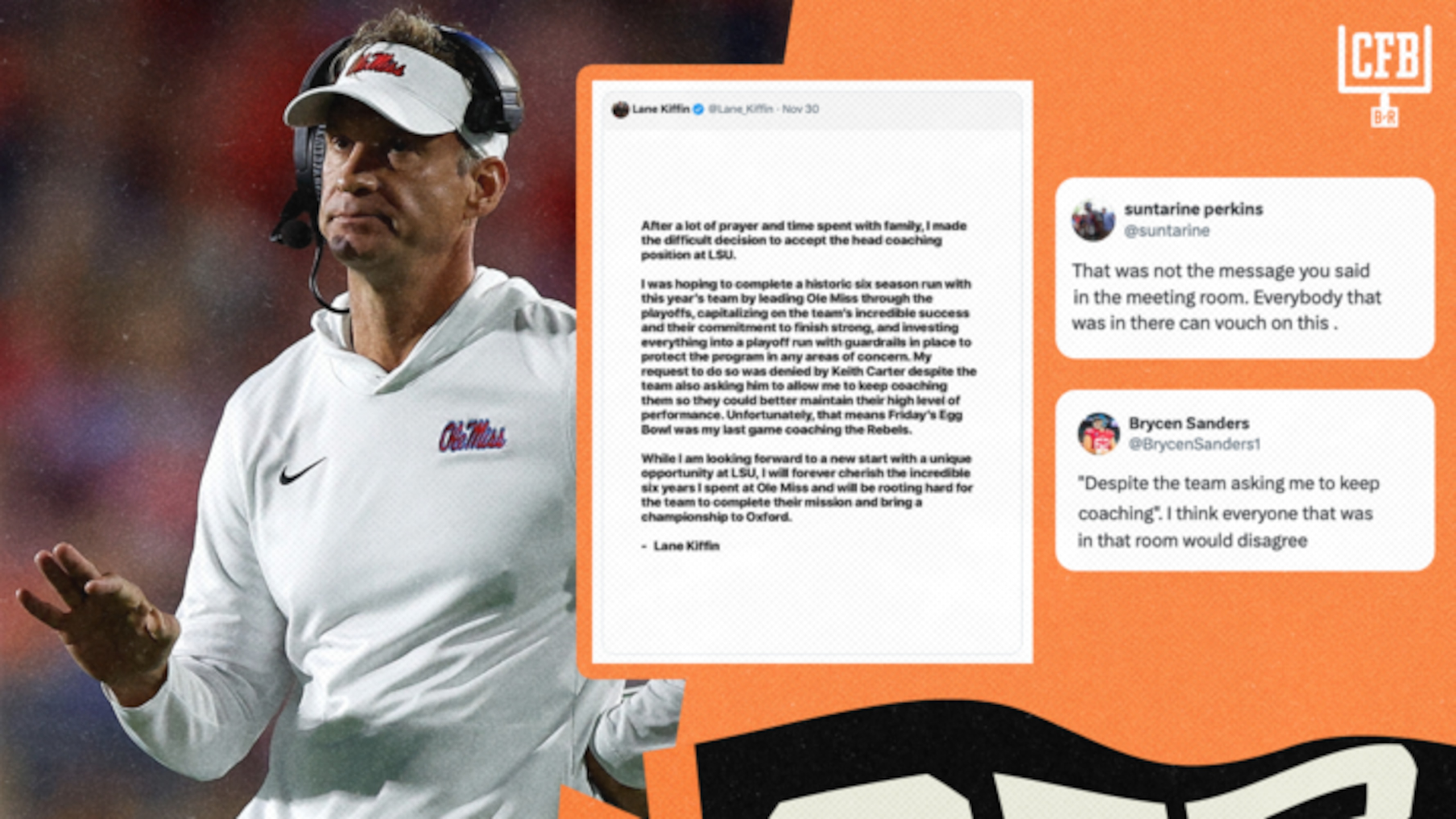  Ole Miss Players Call Out Lane Kiffin’s Account of Team Meeting Before Exit for LSU