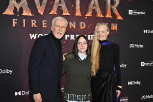 James Cameron, Billie Eilish and Suzy Amis Cameron at the “Avatar: Fire and Ash” World Premiere held at the Dolby Theatre on December 01, 2025 in Los Angeles, California.