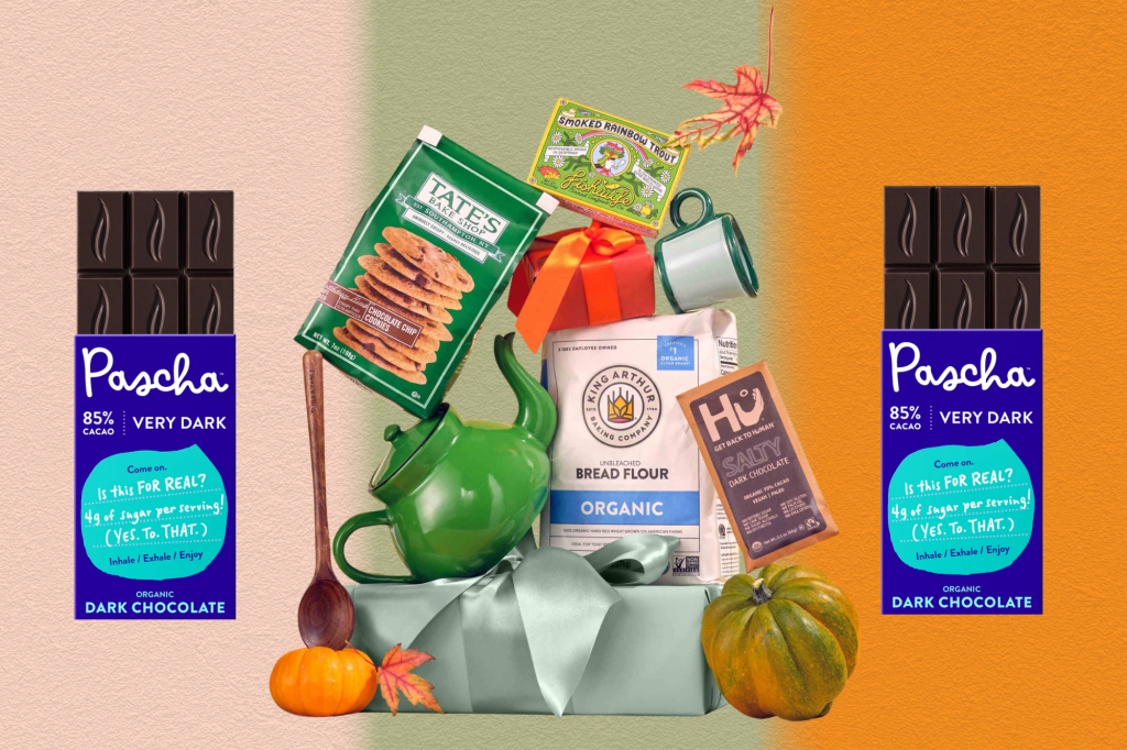 Collage of various food products including Pascha chocolate bars, Tate's Bake Shop cookies, King Arthur Organic Bread Flour, Hu Salty Dark Chocolate, and Smoked Rainbow Trout.