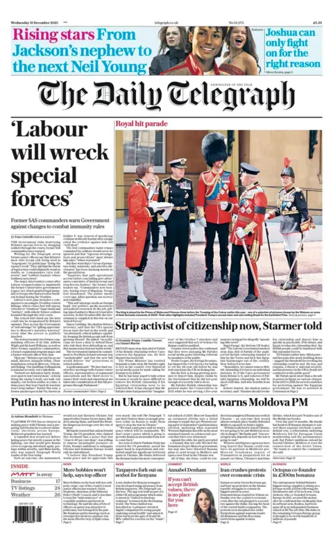 The headline on the front page of the Daily Telegraph reads: "Labour will wreck special forces."