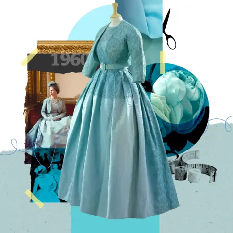 Queen Fashion illustration - includes image of the Kingfisher blue full-length dress and bolero jacket, with lace detailing and a matching blue belt round the waist