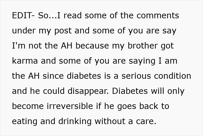 Text discussing a sibling mocking over weight and the brother developing diabetes, highlighting karma and serious health issues. Text discussing a sibling mocking over weight and the brother developing diabetes, highlighting karma and serious health issues.