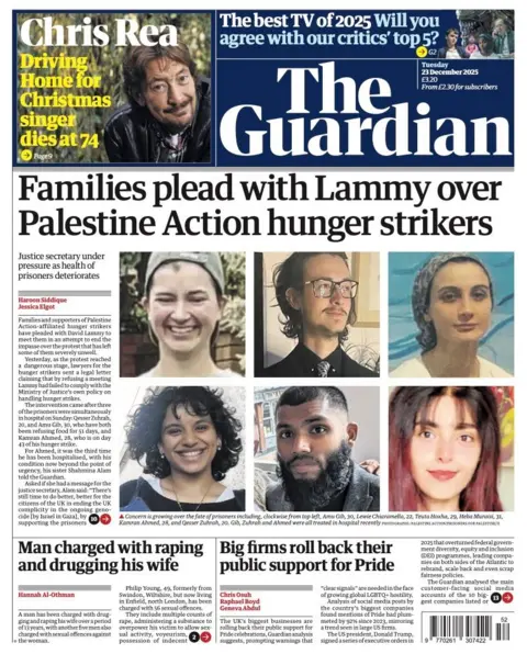 The headline on the front page of the Guardian reads: "Families plead with Lammy over Palestine Action hunger strikers."