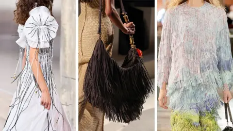 Getty Images Three models wearing a white dress with fringing, a dark brown bag with fringing and a white, lilac and yellow fringed dress