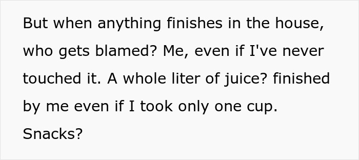 Text excerpt discussing blame for finishing household items, relating to bro mocking sis over weight and diabetes. Text excerpt discussing blame for finishing household items, relating to bro mocking sis over weight and diabetes.