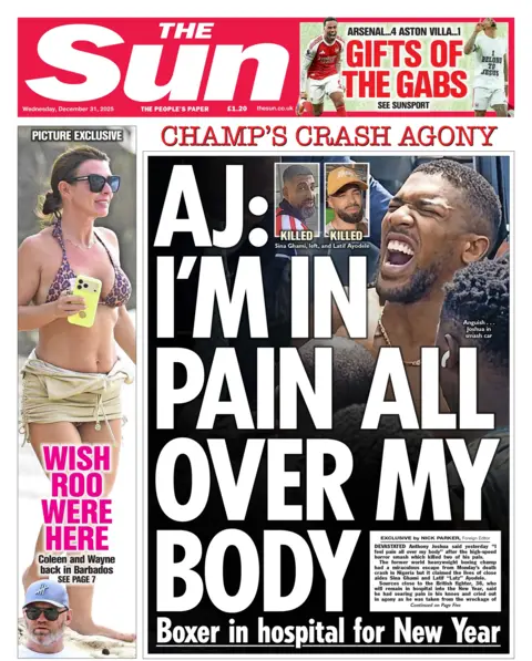 The headline on the front page of the Sun reads: "AJ: I'm In Pain All Over My Body."