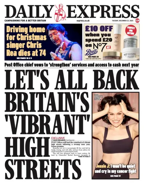 The headline on the front page of the Daily Express reads: "Let's all back Britain's 'vibrant' high streets."