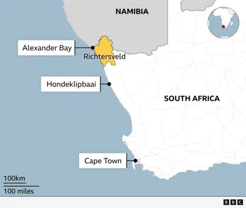 A map of the west coast of South Africa showing Richtersveld, Hondeklipbaai, Alexander Bay and Cape Town.