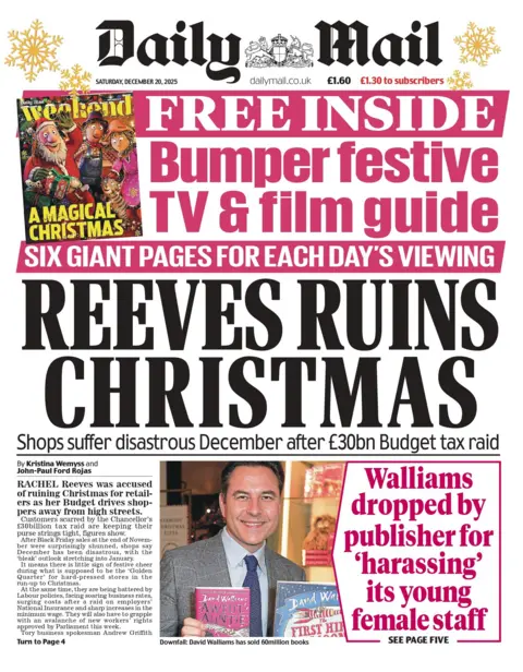 "Reeves ruins Christmas: Shops suffer disastrous December after £30bn Budget tax raid", reads the headline on the front page of the Daily Mail.