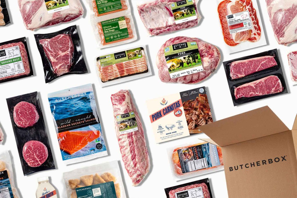 Packaged meats on white background