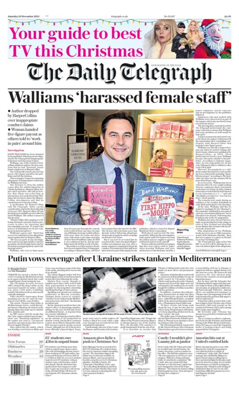 "Walliams 'harrassed female staff'" reads the headline on the front page of the Daily Telegraph.