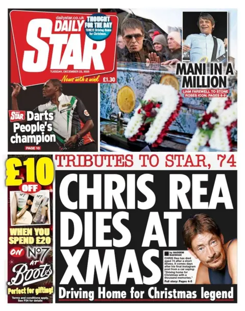 The headline on the front page of the Daily Star reads: "Chris Rea dies at Xmas."