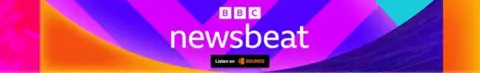 A footer logo for BBC Newsbeat. It has the BBC logo and the word Newsbeat in white over a colorful background of violet, purple and orange shapes. At the bottom a black square reading "Listen on Sounds" is visible.