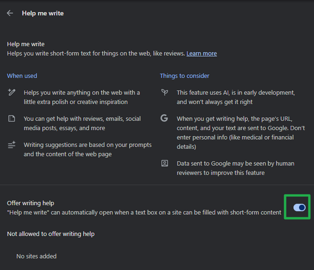 Disable Help me write suggestions