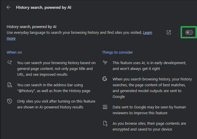Disable History search, powered by AI