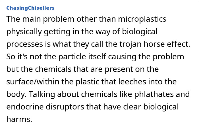 Comment discussing the impact of microplastics and chemicals like phthalates on biological processes and bone tissue.