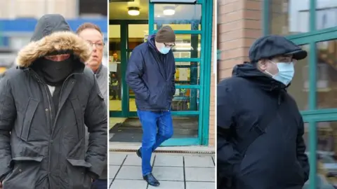 PA Media/BBC A montage of the three defendants leaving Swindon Magistrates' Court. Doyle is on the left wearing a long dark coat with a furry hood. He is also wearing a black scarf covering the lower half of his face. Wilkins is wearing blue jeans, black shoes, a dark blue coat, a blue Covid-style mask and a brown woolly hat. Hassan is wearing a dark grey flat cap, a black coat and also a light blue Covid-style mask