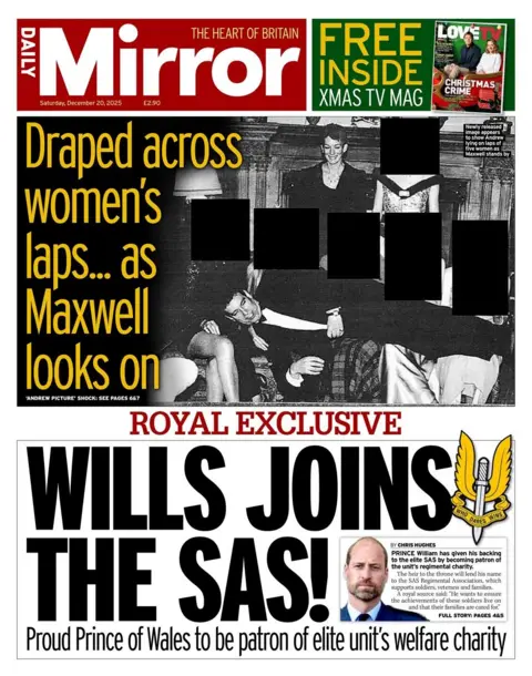"Wills joins the SAS: Proud Prince of Wales to be patron of elite unit's welfare charity" reads the headline on the front page of the Daily Mirror, featured below a photo appearing to show Andrew Mountbatten-Windsor lying across the laps of five women.