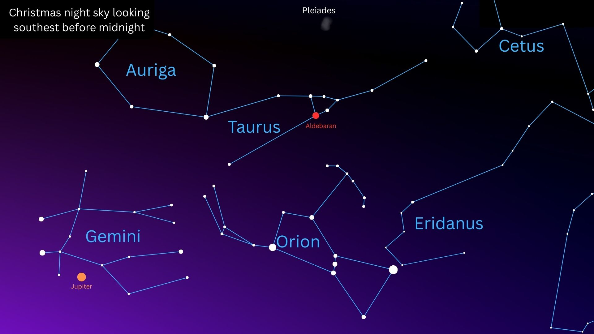 A simulation of the night sky for Dec. 25 showing the locations of constellations.
