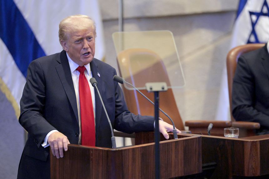 US President Donald Trump addresses the Knesset, Israel’s parliament, on October 13, 2025 in Jerusalem.